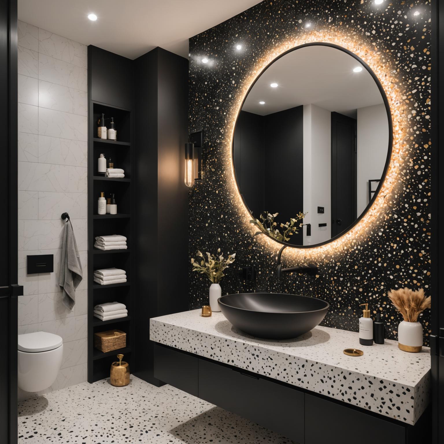 Contemporary bathroom featuring terrazzo tiles and matte black tapware