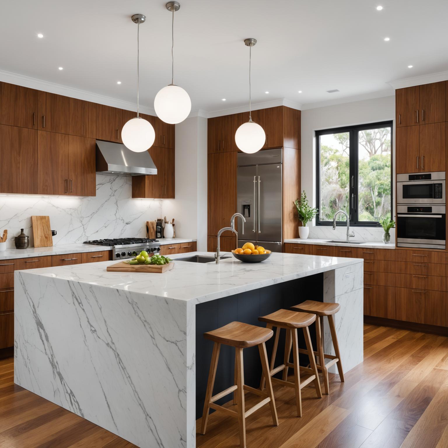 Modern kitchen remodel featuring stone benchtops and custom cabinetry